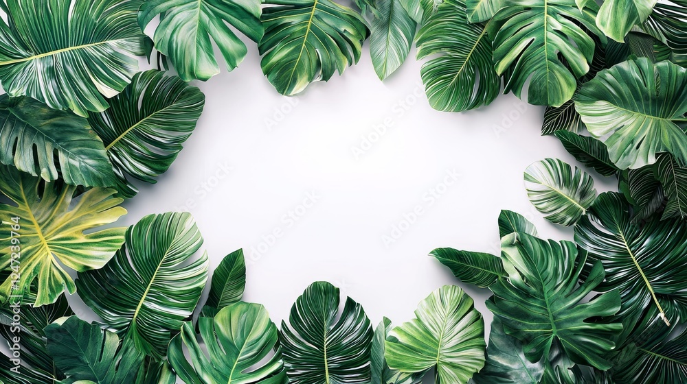 Tropical Green Leaves Creating Peaceful Border on Transparent Background
