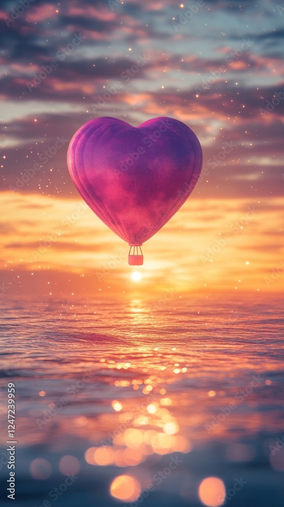 Fototapeta premium Heart-shaped hot air balloon over ocean at sunset, romantic adventure and dreams concept