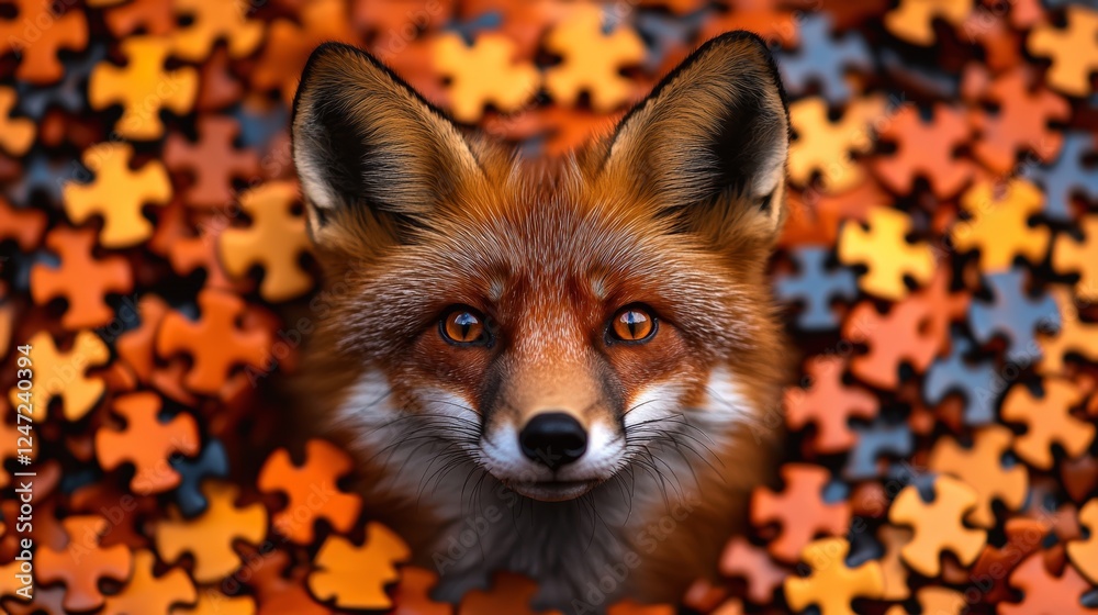Obraz premium Mystical Fox Surrounded by Fiery Puzzle Pieces in Vibrant Autumn Tones