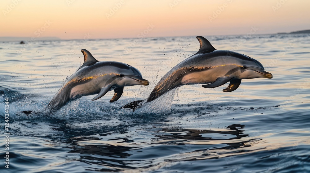 Fototapeta premium Dolphins leaping from the water at sunset