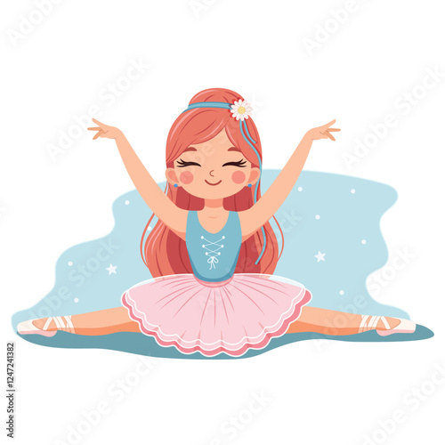 Pretty and gentle ballerina girl in pink and blue dress doing the splits on white background. Poster, Banner, Flyer, Greeting Card. Vector illustration in flat cartoon style