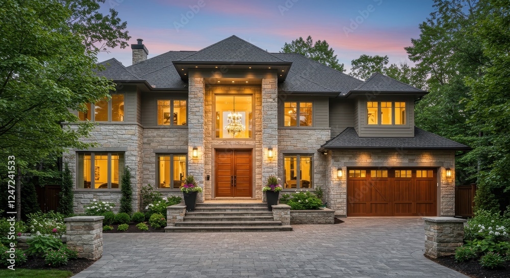 Obraz premium A grand modern house with a stone clad facade and a multi level roof design