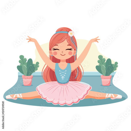 Pretty and gentle ballerina girl in pink and blue dress doing the splits on white background. Poster, Banner, Flyer, Greeting Card. Vector illustration in flat cartoon style
