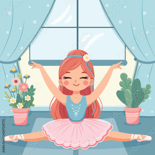 Pretty and gentle ballerina girl in pink and blue dress doing the splits in the room with flowerpots. Poster, Banner, Flyer, Greeting Card. Vector illustration in flat cartoon style