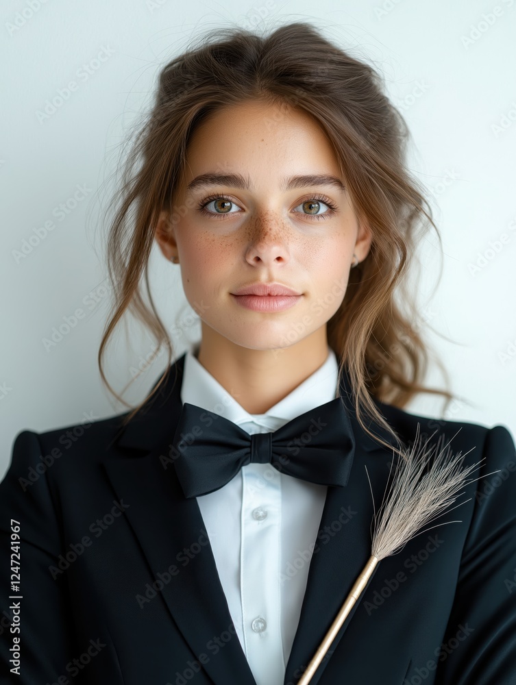 Serious female magician in tuxedo holding magic wand posing against white background Serious female magician in tuxedo holding magic wand posing against white background