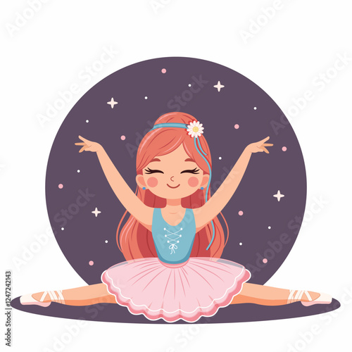 Pretty and gentle ballerina girl in pink and blue dress doing the splits on white background. Poster, Banner, Flyer, Greeting Card. Vector illustration in flat cartoon style