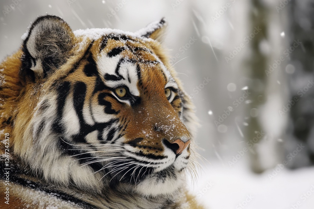 Obraz premium Majestic tiger portrait in snowy forest setting showcasing striking features