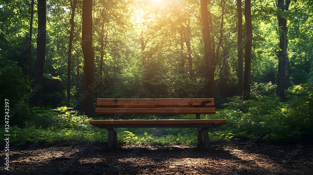 Eco friendly Wooden Bench in Sunlit Forest Clearing Conveying Serenity and Sustainability Eco friendly Wooden Bench in Sunlit Forest Clearing Conveying Serenity and Sustainability