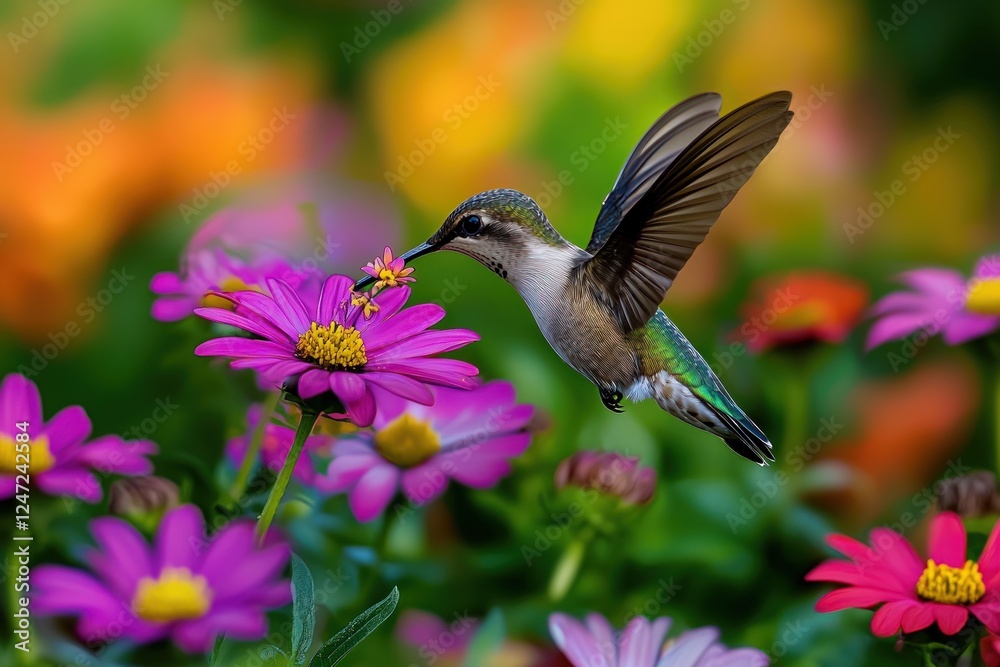 Fototapeta premium Hummingbird feeding from a vibrant flower in the garden