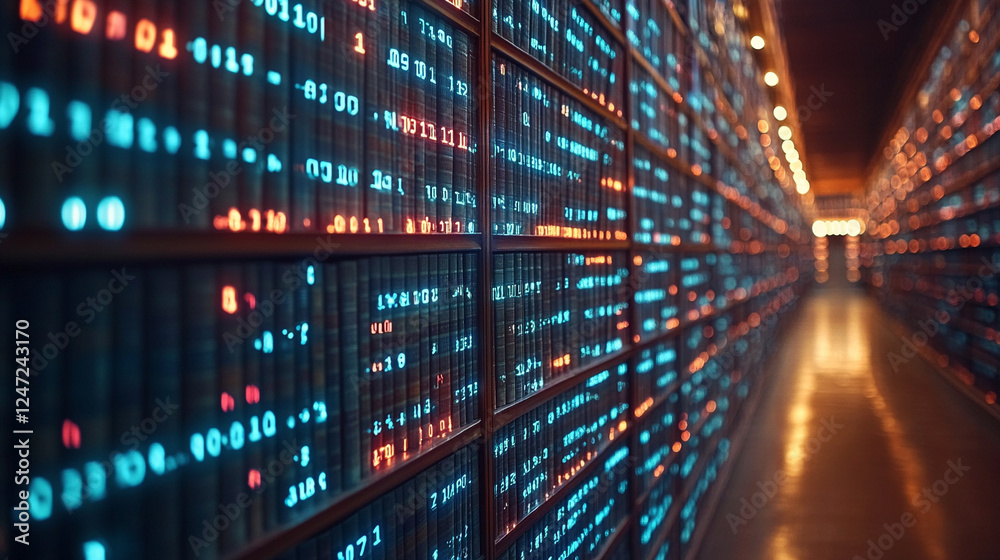 A digital library with glowing binary code and bookshelves symbolizes modern information technology, data storage, and digital knowledge, highlighting the vastness of the digital world A digital library with glowing binary code and bookshelves symbolizes modern information technology, data storage, and digital knowledge, highlighting the vastness of the digital world