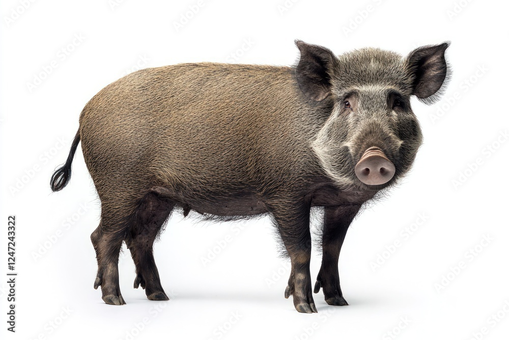 Large wild boar standing alert in a relaxed pose, isolated on a white background.