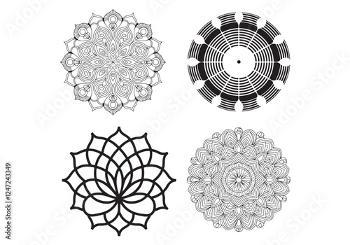 A detailed mandala with layers of complex black patterns arranged beautifully on white. The mandala is intricate, with many small elements forming larger designs. There are curved lines