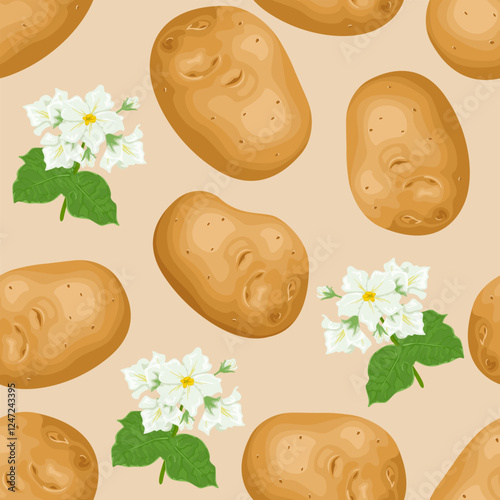 Fresh raw whole potatoes and flowering plant. Seamless pattern. Vector cartoon flat illustration. Root vegetables background