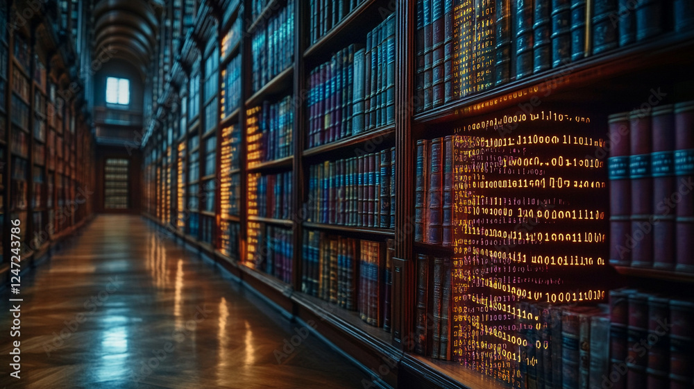 A digital library with glowing binary code and bookshelves symbolizes modern information technology, data storage, and digital knowledge, highlighting the vastness of the digital world A digital library with glowing binary code and bookshelves symbolizes modern information technology, data storage, and digital knowledge, highlighting the vastness of the digital world