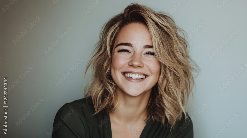 Bright smile of a woman with wavy hair against a light background capturing a moment of happiness and joy