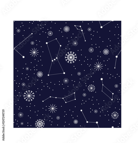 Night Starry Sky, Constellations Christmas Pattern. Vector