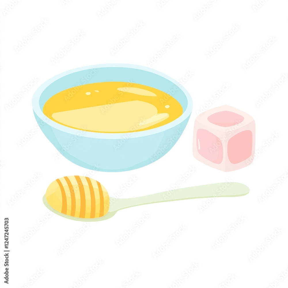 Honey in a bowl with a dipper, alongside a cube. Food product, health, dessert Honey in a bowl with a dipper, alongside a cube. Food product, health, dessert