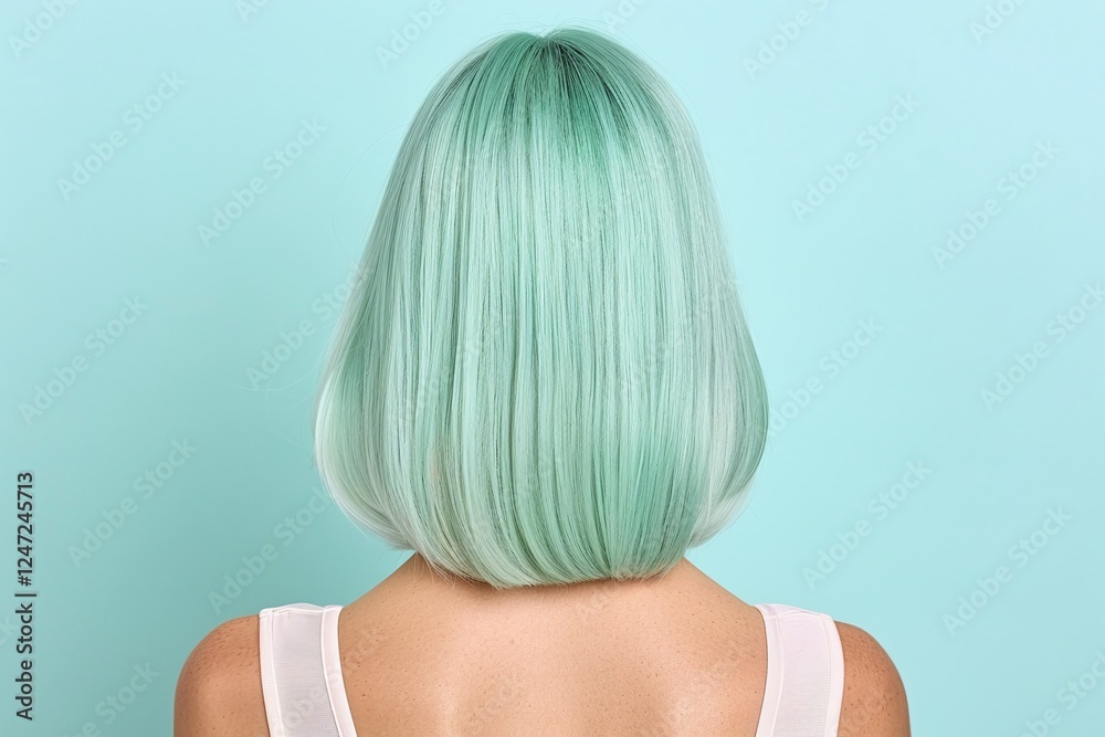 Obraz premium Mint green bob hairstyle back view, minimalist teal background, trendy colorful haircut, elegant chic style, youthful beauty, creative glowing look, vibrant tones, hair inspiration
