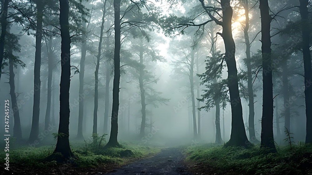 Fototapeta premium Morning fog in a mysterious forest - 02