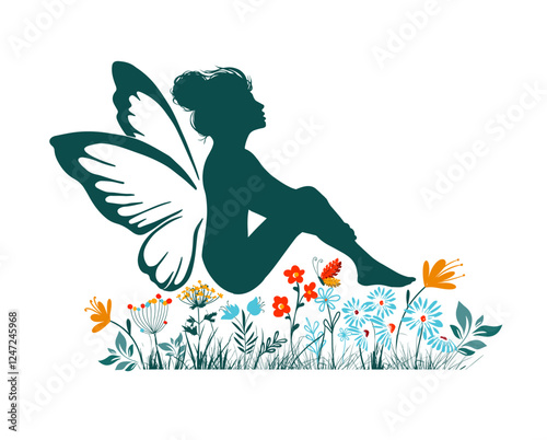 Fairy silhouette with flowers. hand drawn. Not AI, Vector illustration