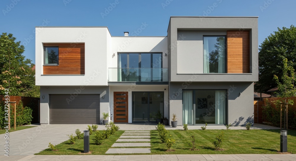 A modern two story house with a mix of white and gray plaster walls and wooden accents A modern two story house with a mix of white and gray plaster walls and wooden accents