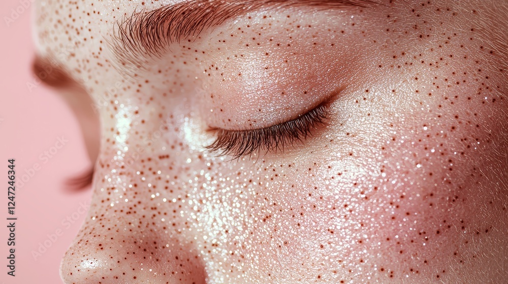 Fototapeta premium Close-Up Portrait of Sparkly Skin with Pastel Background for Beauty and Fashion Themes