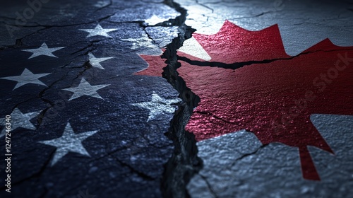 Close-up of a cracked surface with USA and Canadian flags, emphasizing deep fractures and division. For trade war political meme.