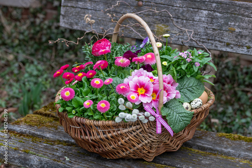 pink Bellis perennis, Primel und Ranunkel im Frühlingsgarten	
 photo