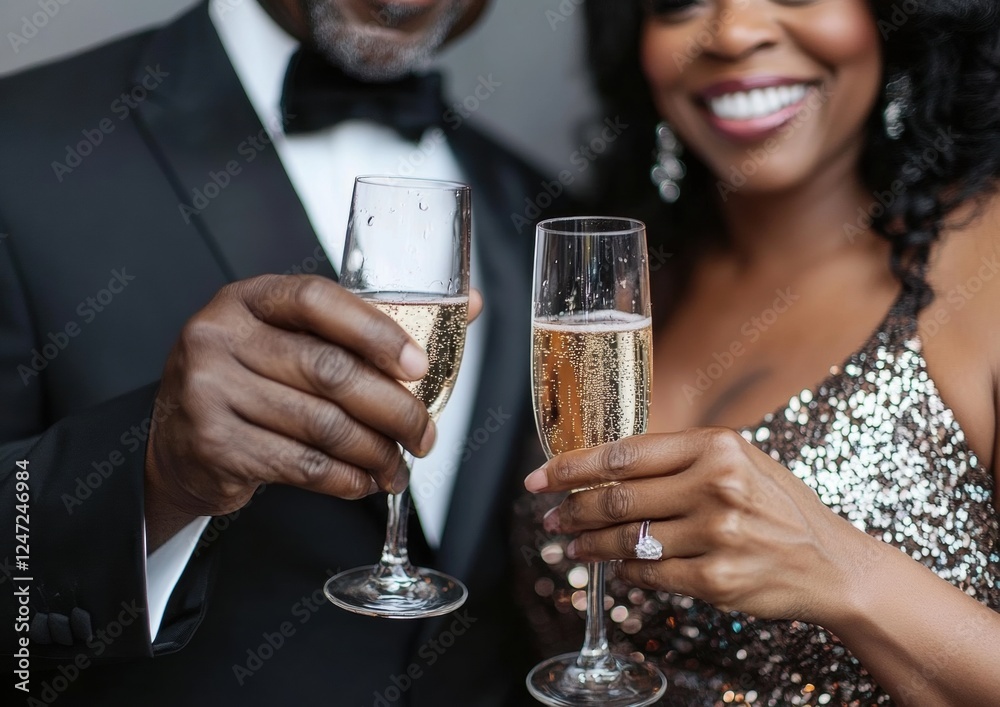 Close-up photo of a Black couple toasting with champagne glasses, dressed in evening wear for the New Year's Eve party Generative AI Close-up photo of a Black couple toasting with champagne glasses, dressed in evening wear for the New Year's Eve party Generative AI