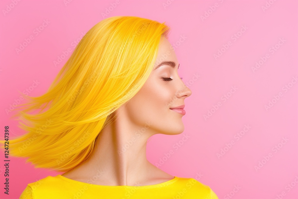 Fototapeta premium Yellow flowing hair portrait, elegant side profile, minimalist design, pink background, cheerful fashion look, creative hair styling, bold beauty, vibrant hairstyle inspiration, feminine charm