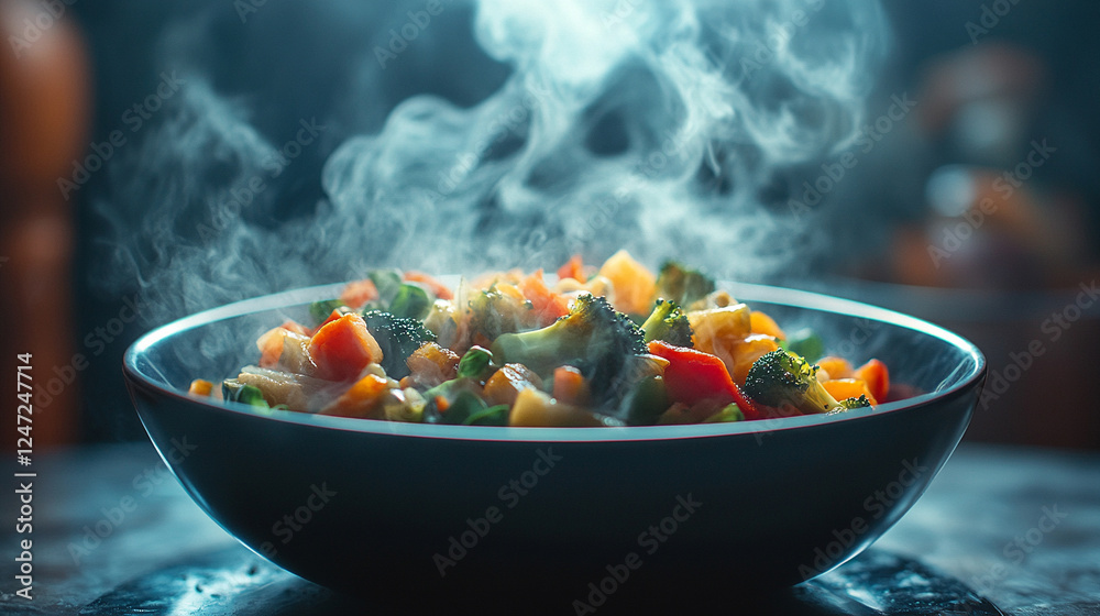 Freshly microwaved mixed vegetables with slight steam, in a modern, sleek bowl, highlighting healthy eating, freshness, and appeal with a blurred, bright, and clean backdrop Freshly microwaved mixed vegetables with slight steam, in a modern, sleek bowl, highlighting healthy eating, freshness, and appeal with a blurred, bright, and clean backdrop