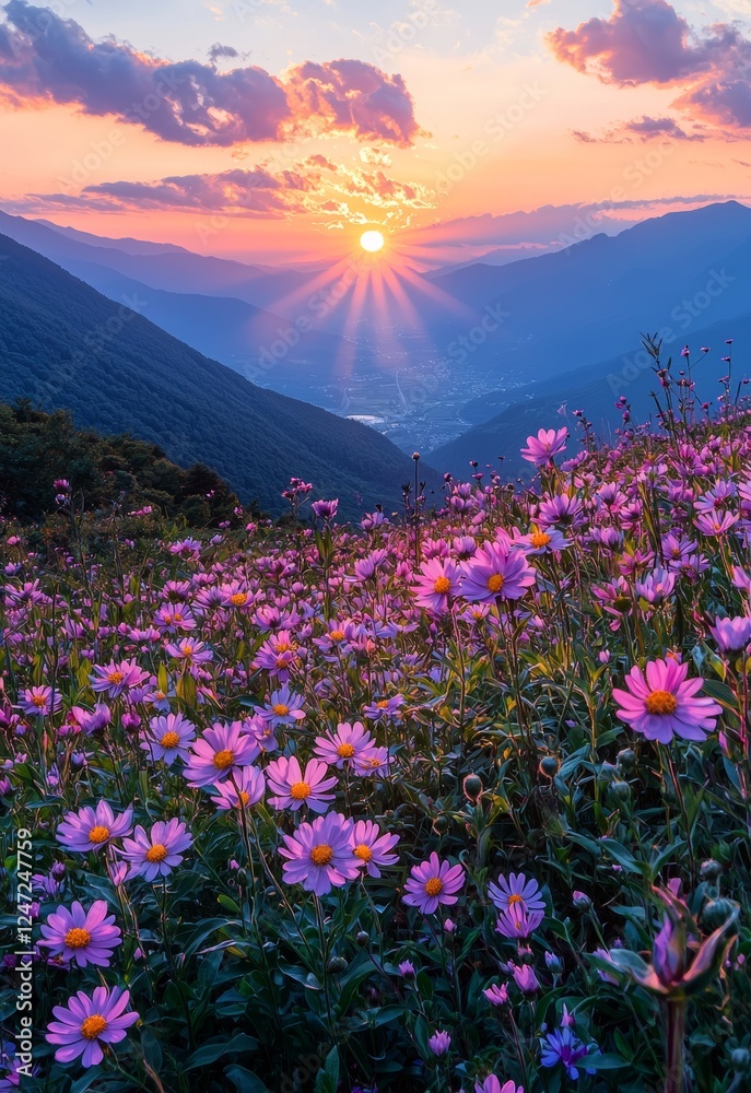 Obraz premium Vibrant Blooms Under a Stunning Sunset Over a Vast Mountain Meadow
