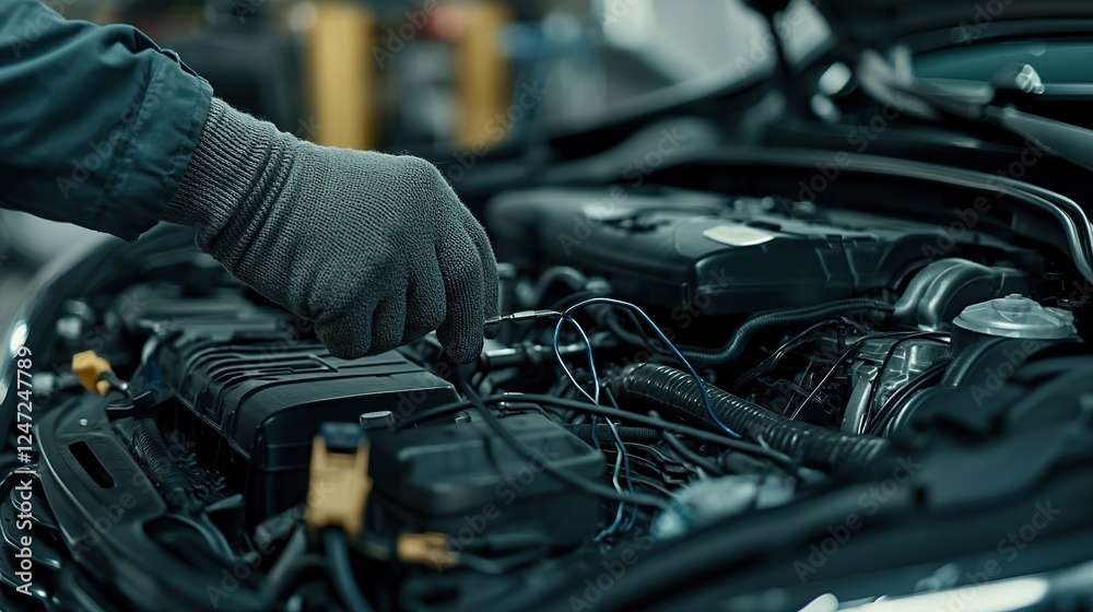 Mechanic working on car engine in automotive workshop during daylight hours Mechanic working on car engine in automotive workshop during daylight hours