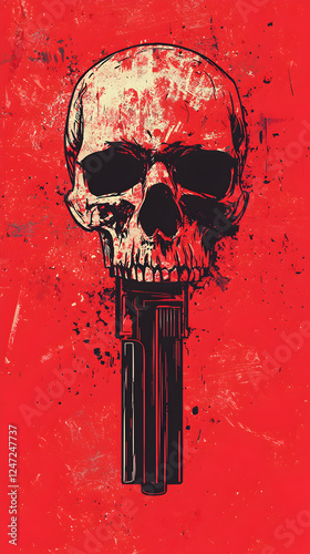 Bold Abstract Skull Art: A Red Gun Illustration Symbolizing Violence and Death in a Post-Apocalyptic Dark Grunge Design with Ominous Shadows and Fierce Emotion чарамери.