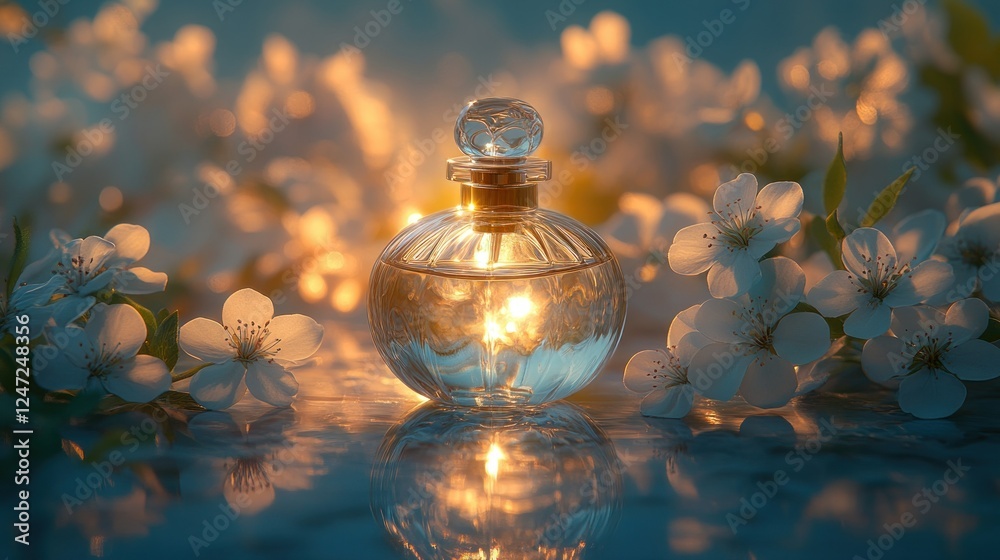 Glass perfume bottle, spring blossoms, sunset, reflection, advertisement Glass perfume bottle, spring blossoms, sunset, reflection, advertisement