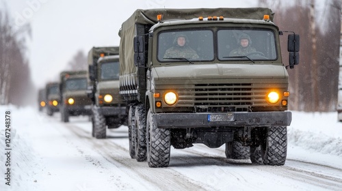 A heavy truck and snow-covered car share a winter road, showcasing the challenges of cargo transport in inclement weatherA heavy truck and snow-covered car share a winter road, showcasing the challeng