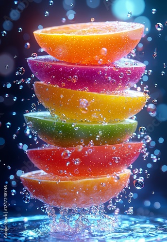 Colorful Sliced Fruit Stacked with Water Drops on a Vibrant Background