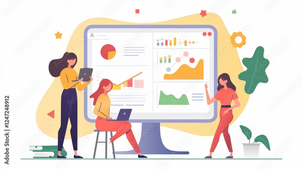 Fototapeta premium Women Engaging in Collaborative Project Presentation With Technology in a Modern Workspace