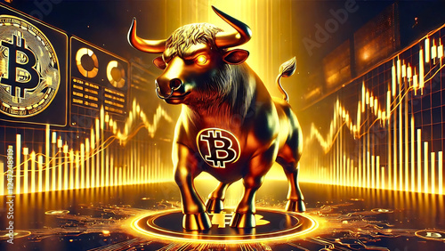 Golden Bull with Bitcoin Logo Over Digital Graphs – Dynamic Cryptocurrency Trading and Bullish Market Trends AI Image