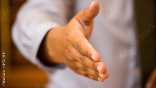 Closeup hand extended for a handshake professiona