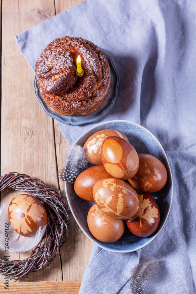 Easter cake and painted eggs, traditional Easter symbols blessed in the church.