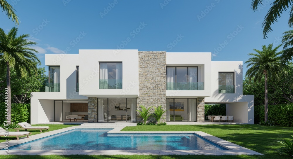 Fototapeta premium A contemporary luxury house with a boxy architectural style showcasing clean white walls and vertical stone accents