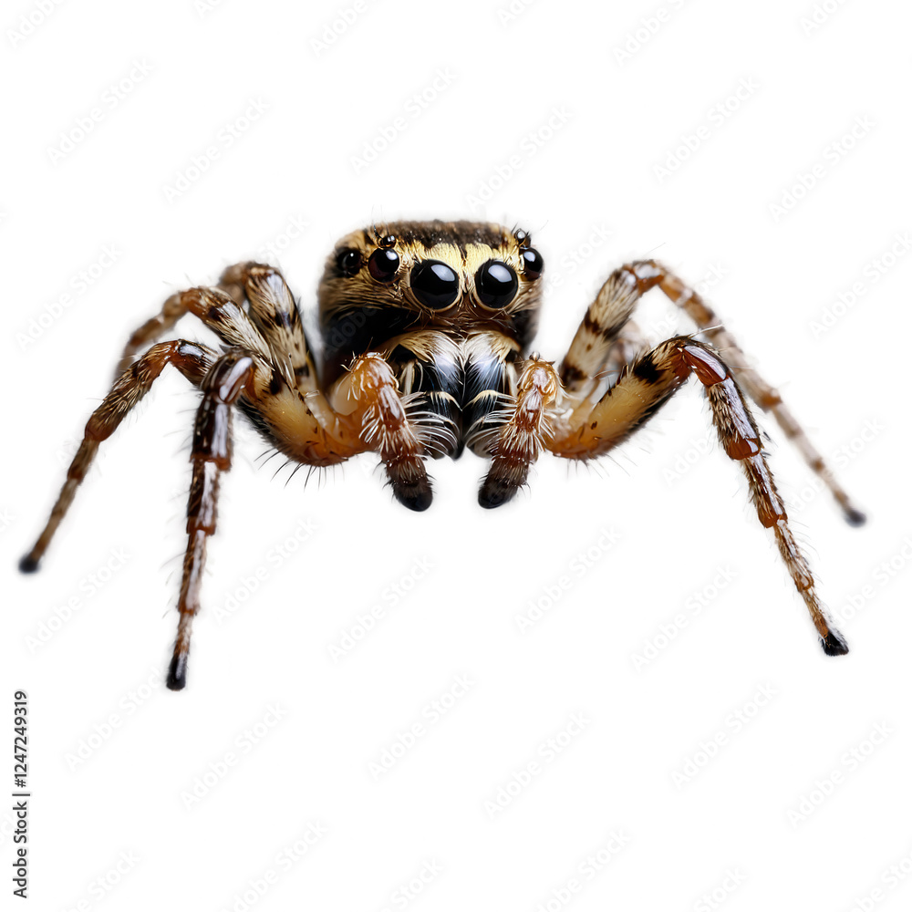 A close-up, eye-level, striking spider portrait. Detailed focus captures its distinctive markings and multiple eyes against white.