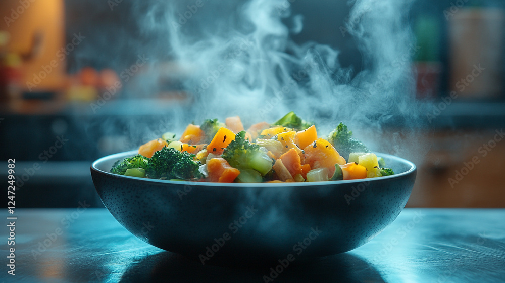 Freshly microwaved mixed vegetables with slight steam, in a modern, sleek bowl, highlighting healthy eating, freshness, and appeal with a blurred, bright, and clean backdrop Freshly microwaved mixed vegetables with slight steam, in a modern, sleek bowl, highlighting healthy eating, freshness, and appeal with a blurred, bright, and clean backdrop