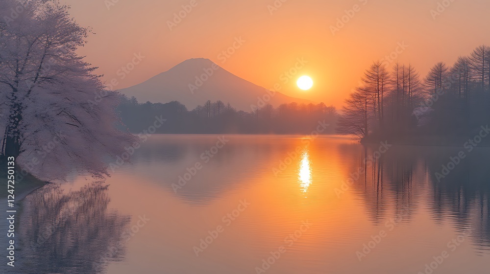 Fototapeta premium Serene Sunrise Over Mountain Lake With Cherry Blossoms