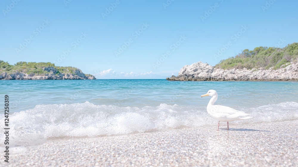 Fototapeta premium White seagull on beach, clear sea, island background; travel, tourism