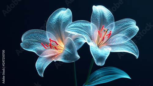 A composition of two white lily flowers illuminated by UV black light sources, enhancing their beauty.