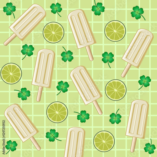 Seamless Pattern of Lime Popsicles, Lime Slices, and Green Clover Motifs