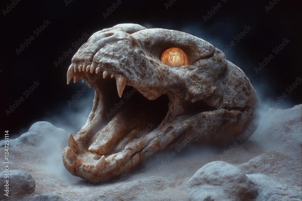 Ancient serpent skull emerges from dark mist, revealing glowing eyes and fierce expression Ancient serpent skull emerges from dark mist, revealing glowing eyes and fierce expression