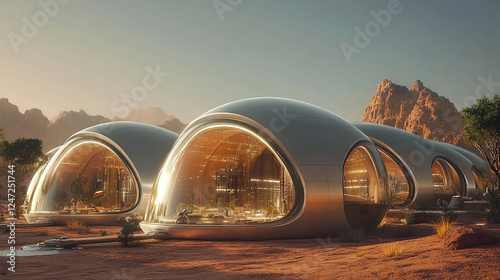 A futuristic Martian cityscape with domes and towers under a vivid sunrise, symbolizing space colonization and technological advancement on a red planet. A visionary scene of new beginnings.

 photo